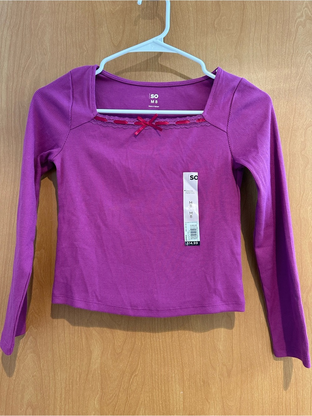 SO Purple Ribbed Long-Sleeve Square Neck Top